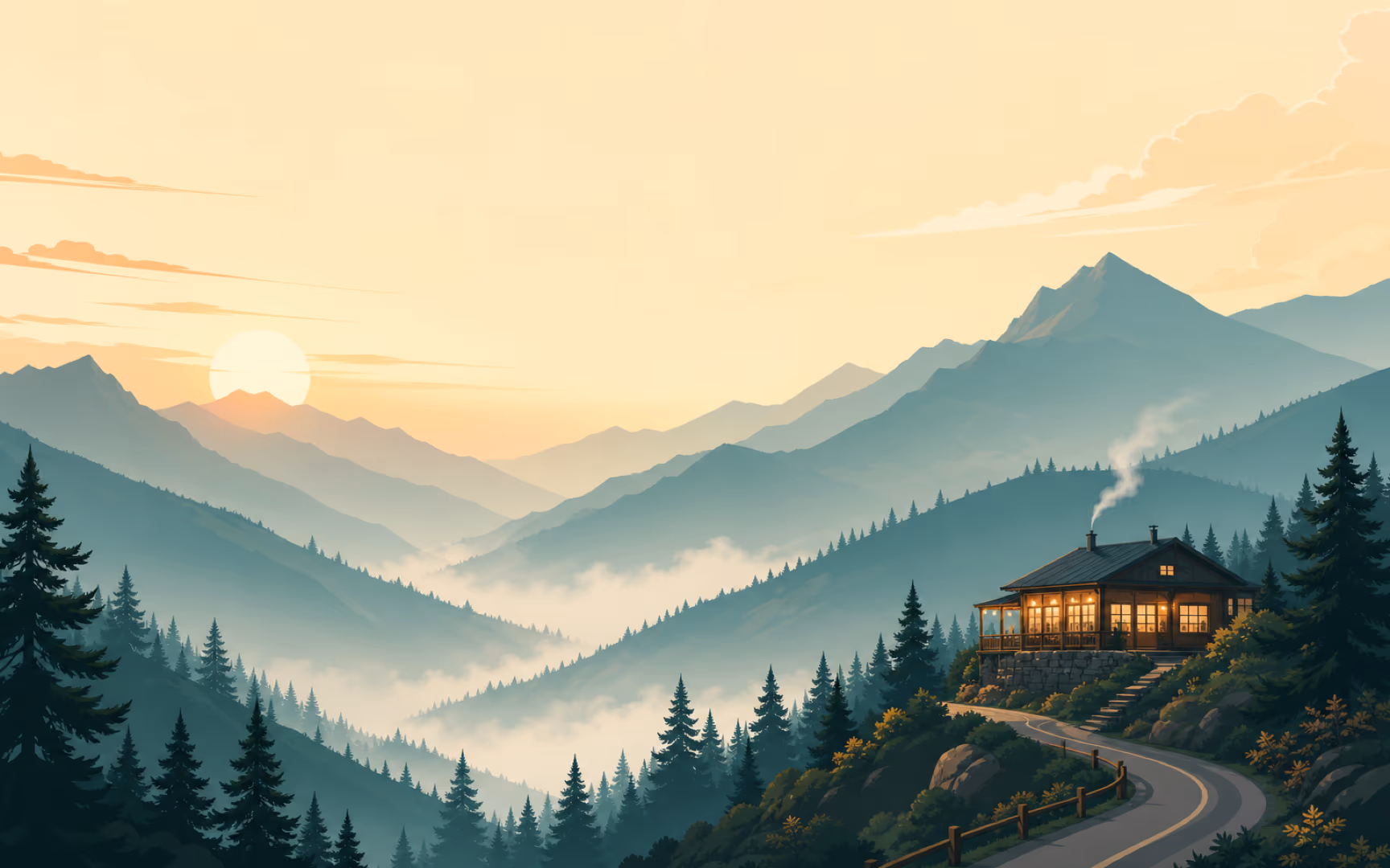 ภาพวาดหุบเขากับคาเฟ่ติดเขายามเช้า